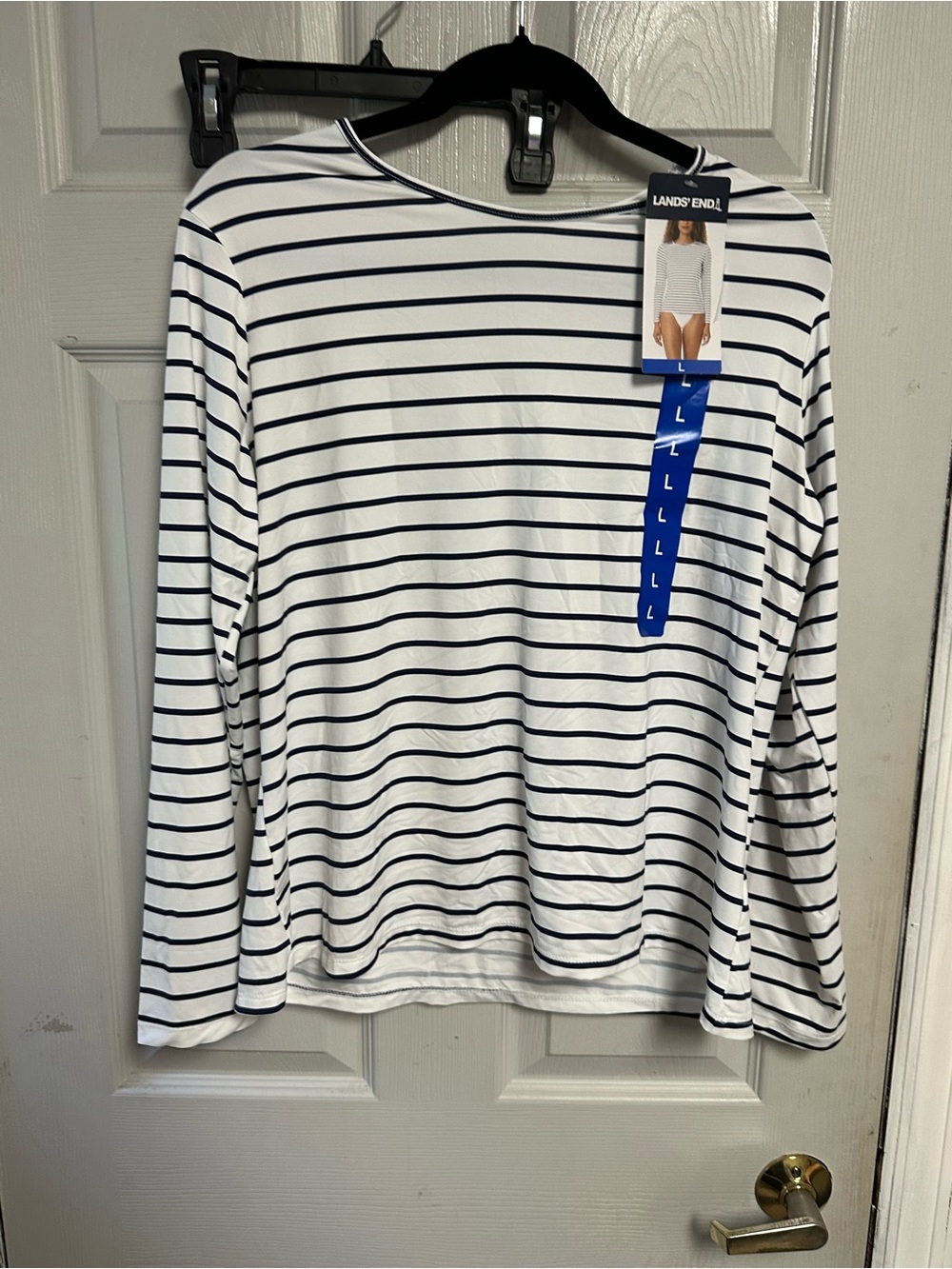 Lands' End White Long-Sleeve Top with Navy Stripes